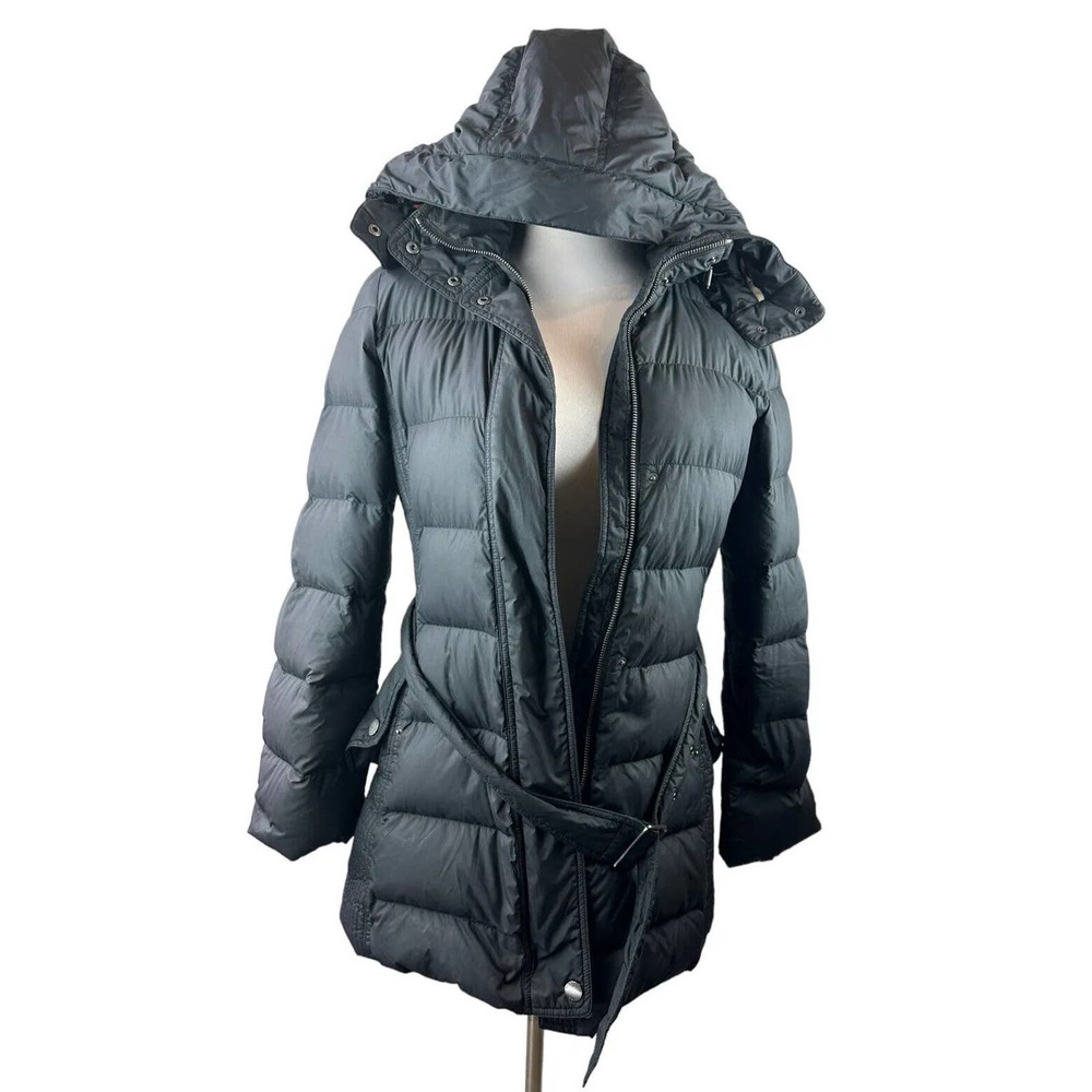 *Flawed Burberry Brit Down Puffer Jacket Coat Belted Hooded Quilted Black Size M - Picture 3 of 16